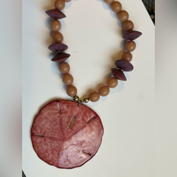 Boho Sand Dollar Pendant Necklace Brown Beaded Sea Shell Statement Jewelry - Picture 6 of 9